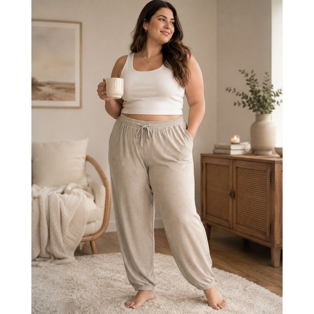 NWT Auden 4XL Women's Ribbed Sleep Lounge Pants Cream Soft Stretch Jogger